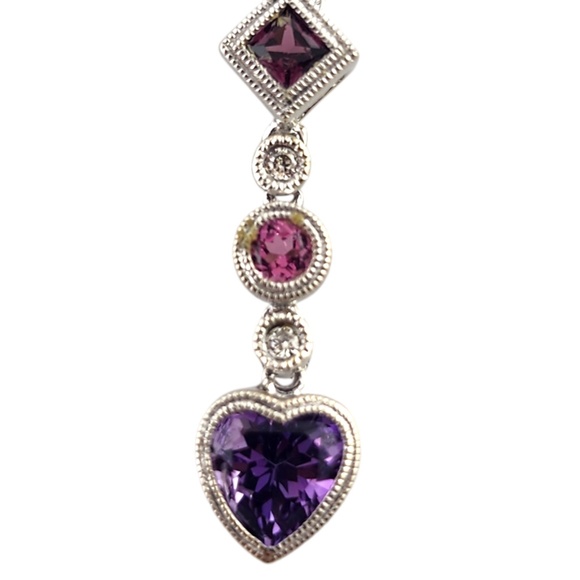 14K White Gold Diamond, Amethyst, Pink Topaz & Rhodolite Garnet Necklace #19032